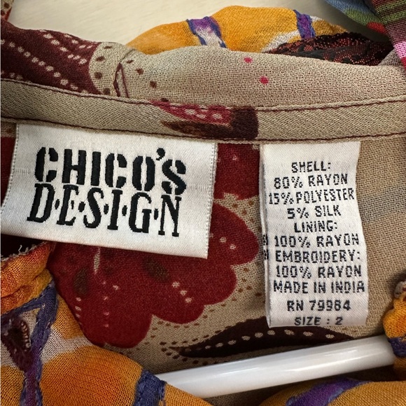 Chico's Design Patchwork Hooded Colorful Floral Print Jacket Size L Silk Blend - Picture 3 of 3